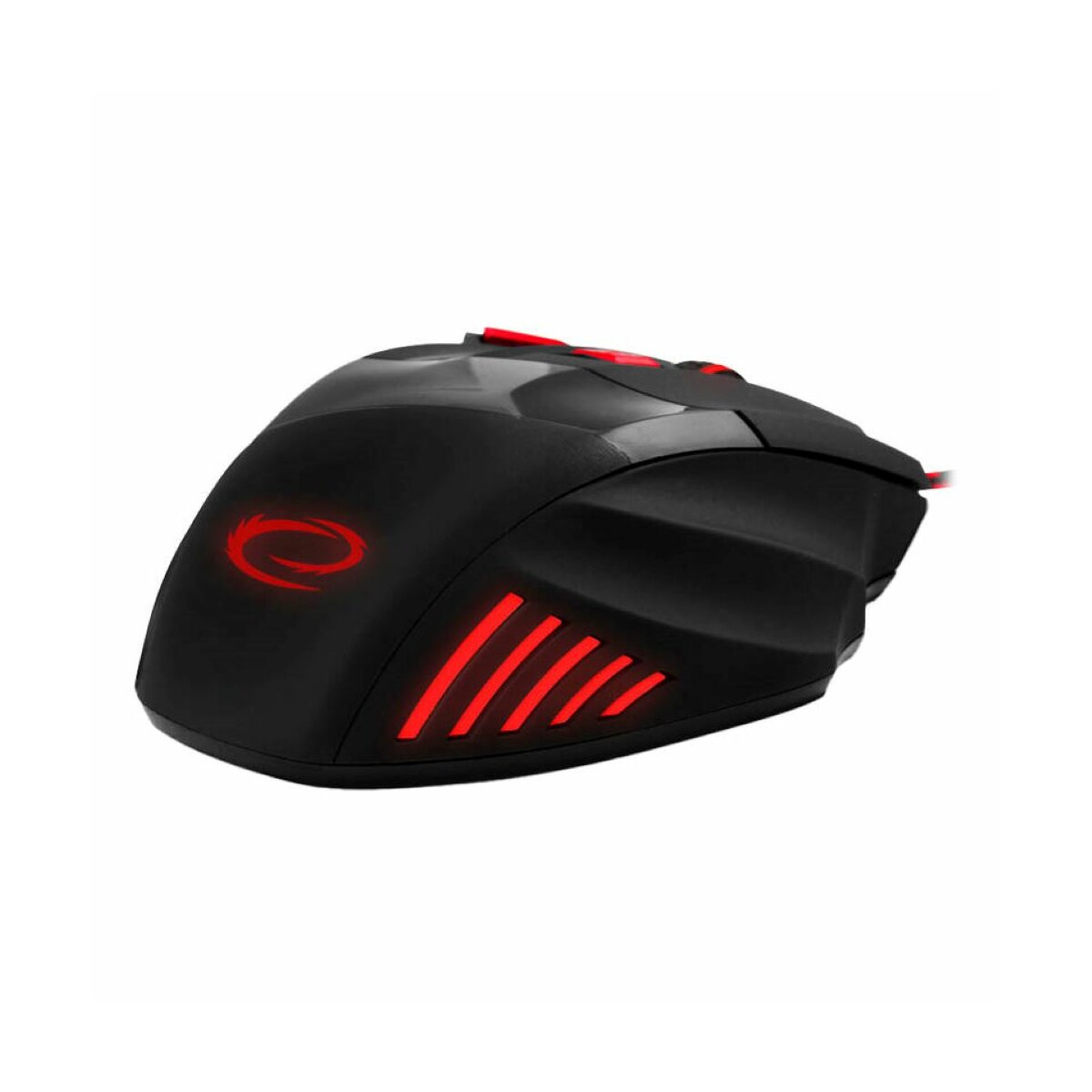 Czarna mysz do gier z czerwonymi światłami i podświetlonym logo na białym tle.