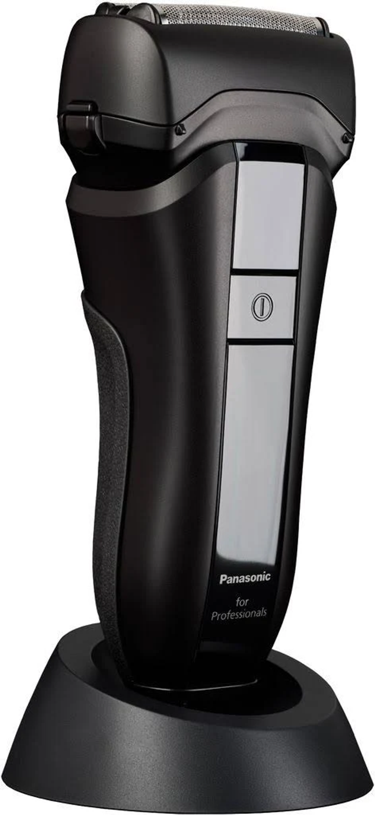 Rasoio elettrico Panasonic nero su base di ricarica nera.