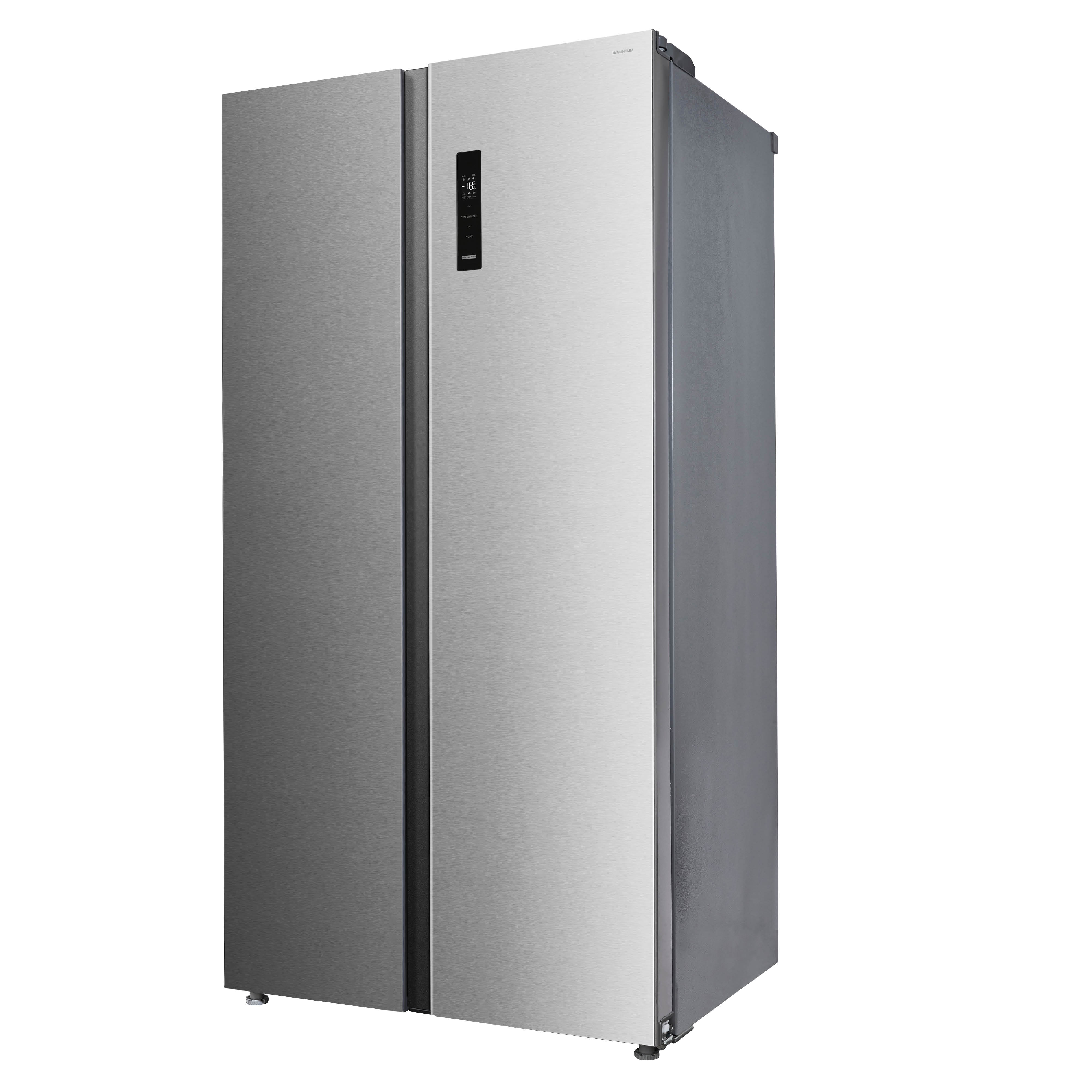 Stainless steel side-by-side refrigerator on a white background.