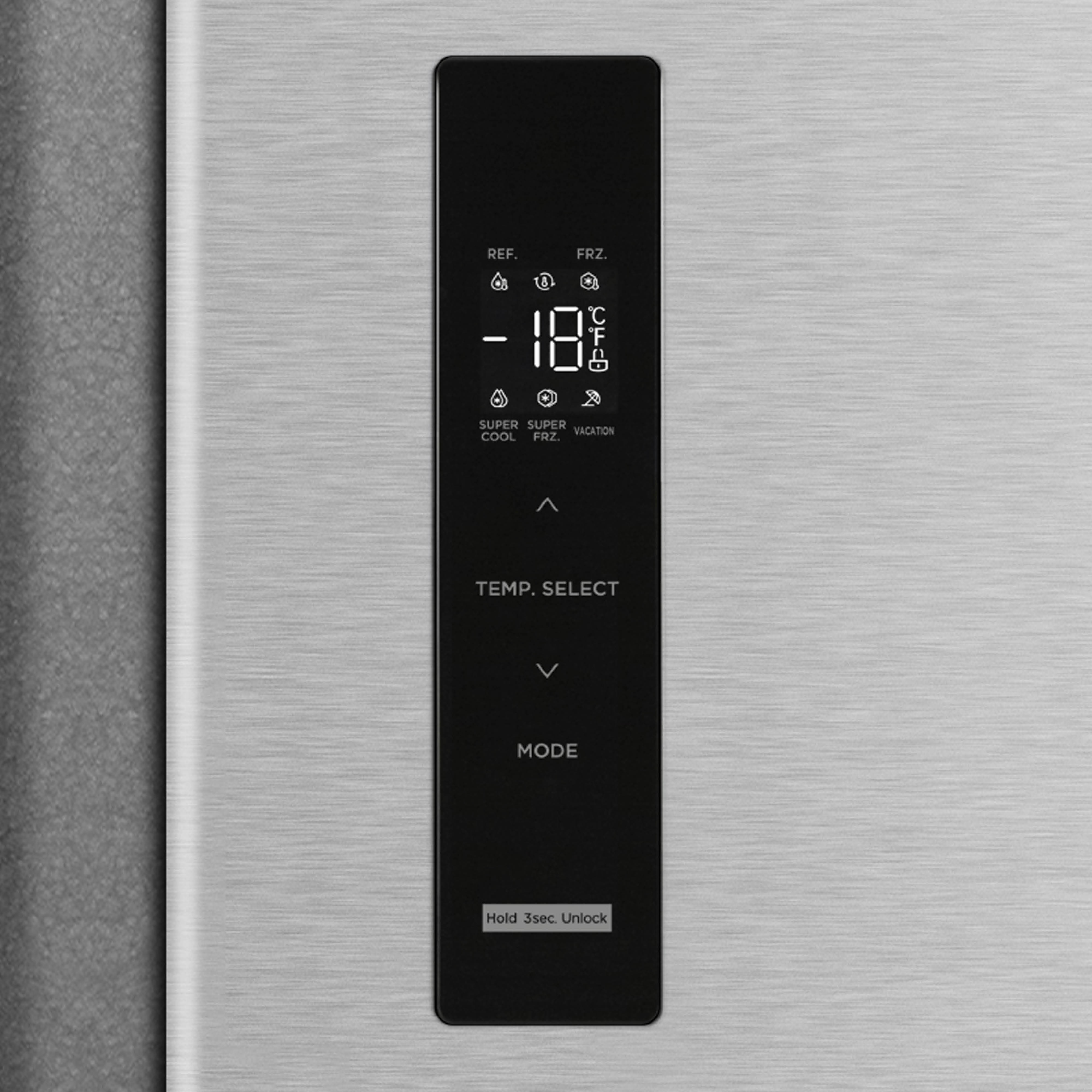 Black refrigerator control panel with a digital display. Showing -18°C, with buttons.