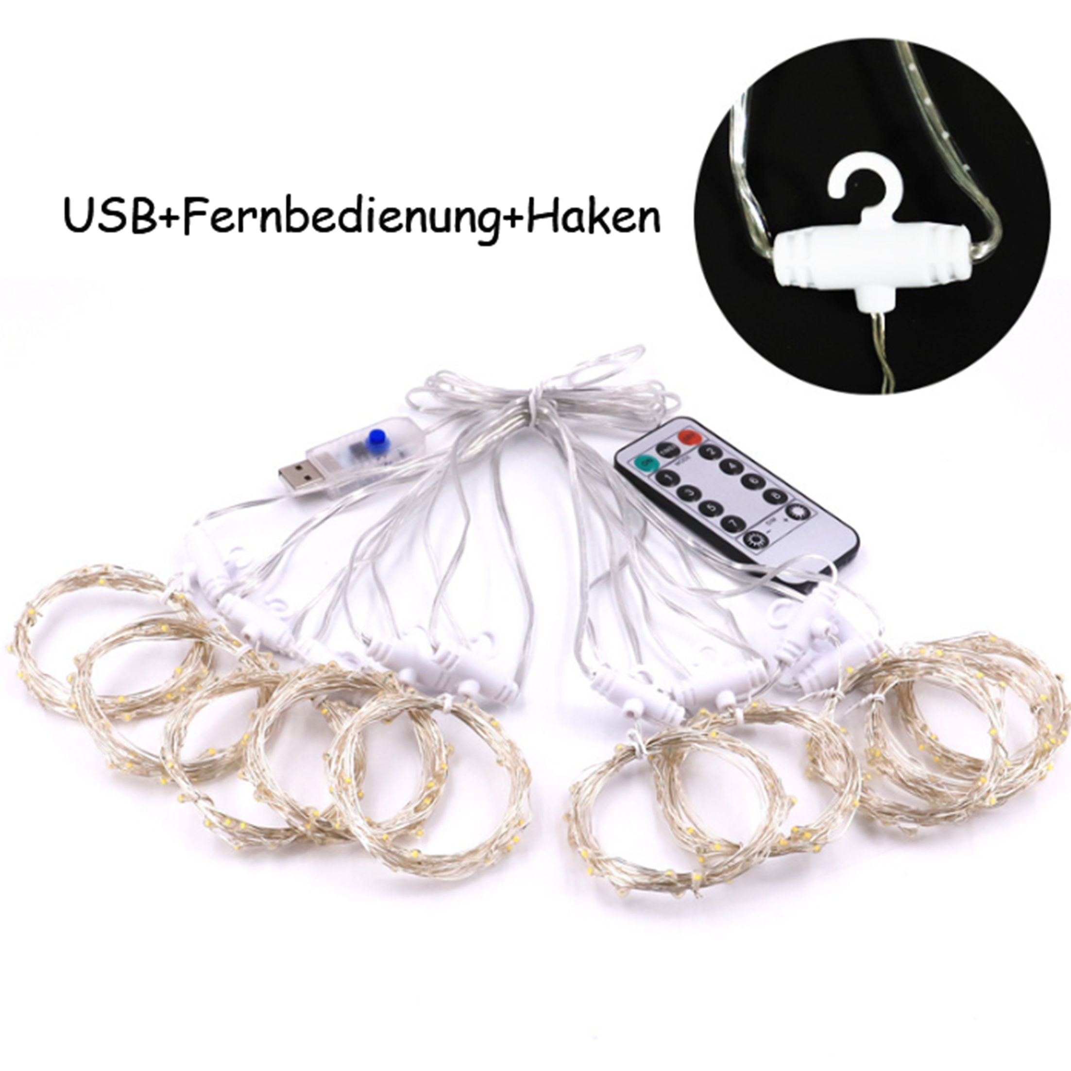 Eine Lichterkette mit USB-Stecker und Fernbedienung. Weißer Hintergrund.