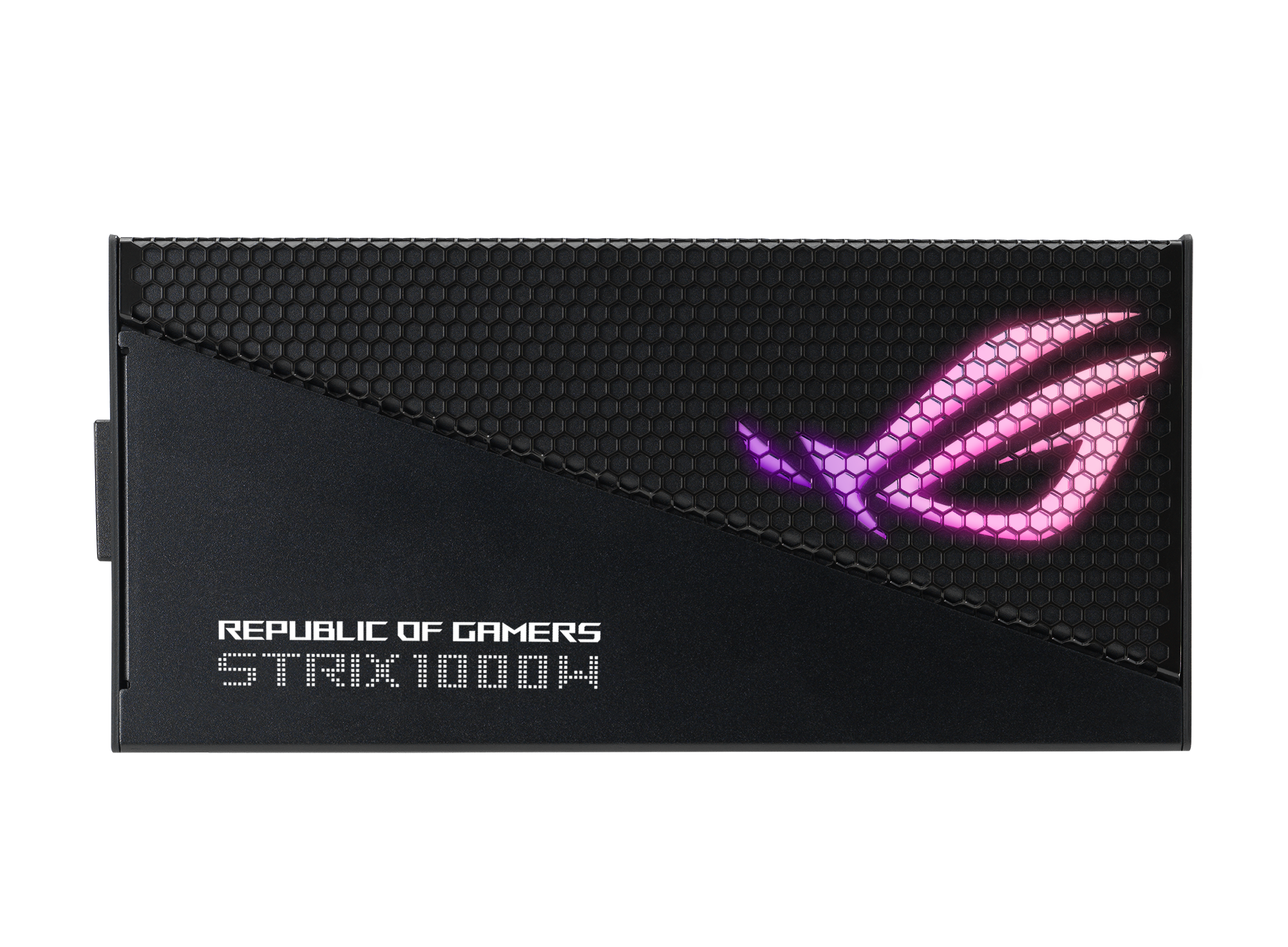 Zwarte ROG Strix 1000W voeding met ROG logo.