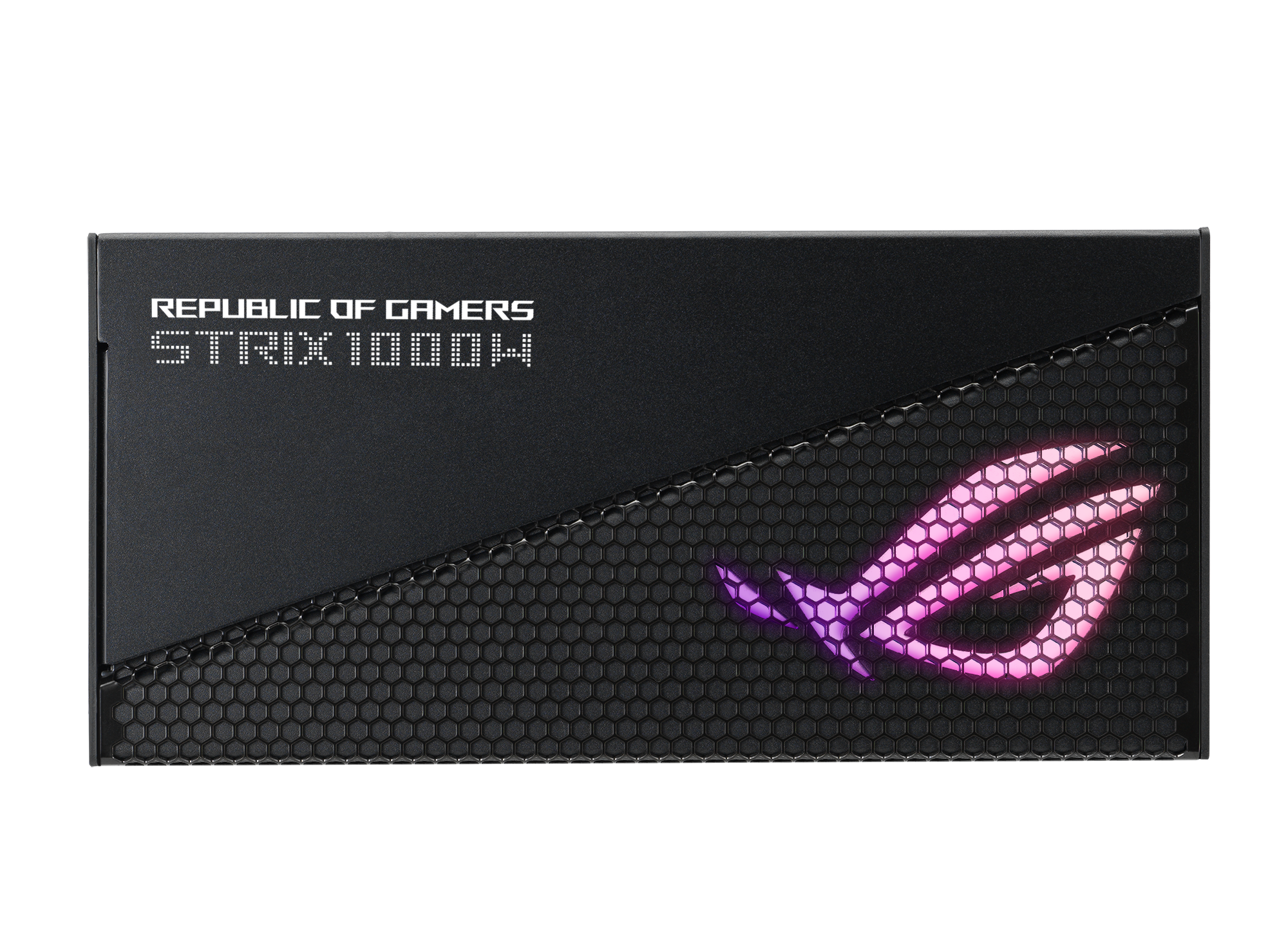 Zwarte, rechthoekige Republic of Gamers voeding met logo en tekst.