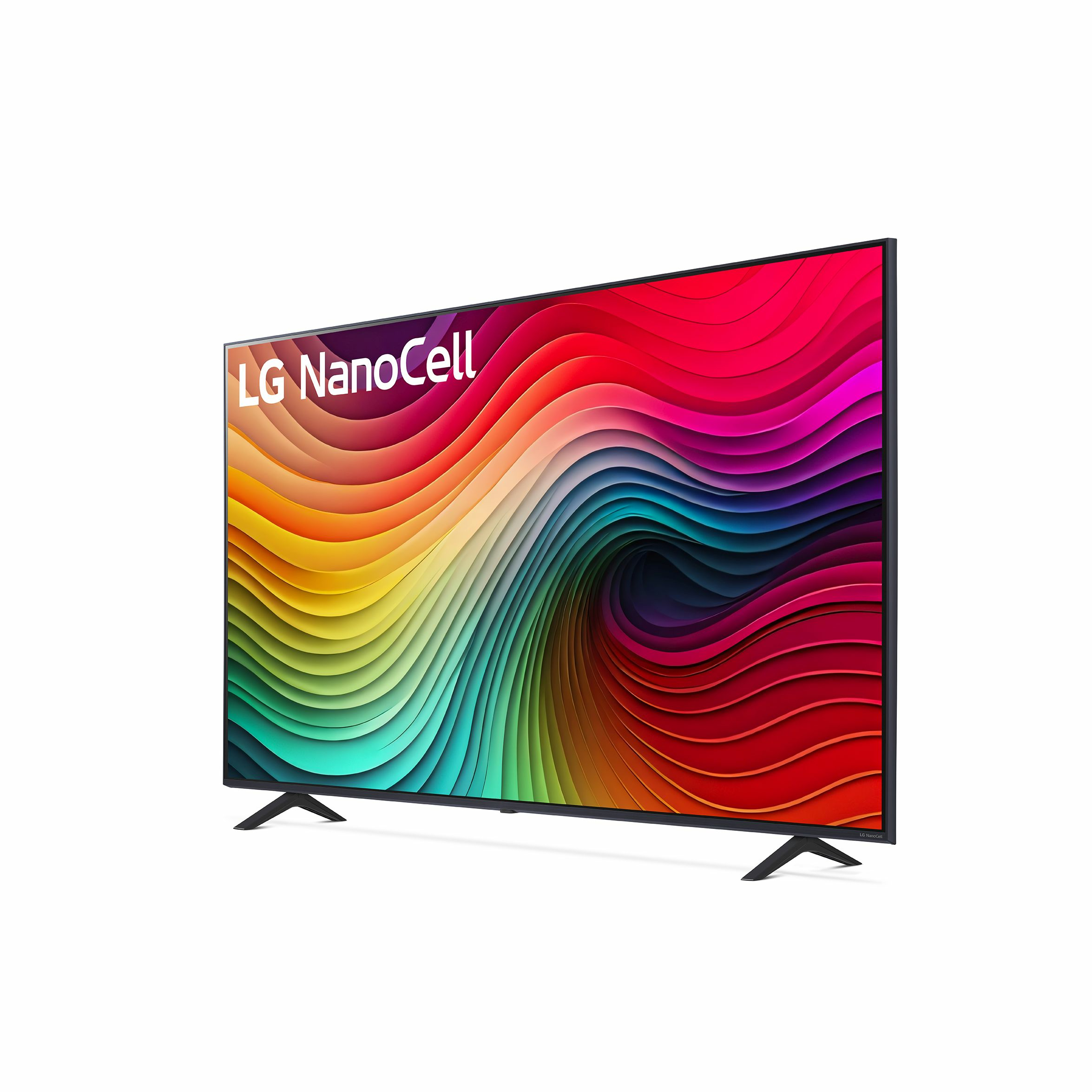 LG NanoCell TV mit einem leuchtenden, regenbogenfarbenen Bildschirm, auf weißem Grund.