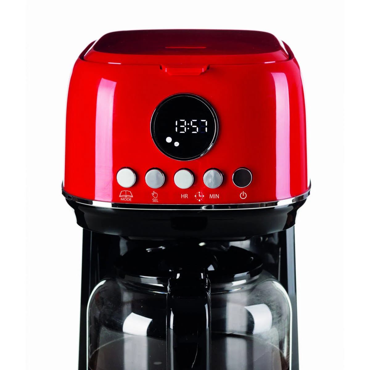 Cafetera roja con pantalla de reloj digital y botones.