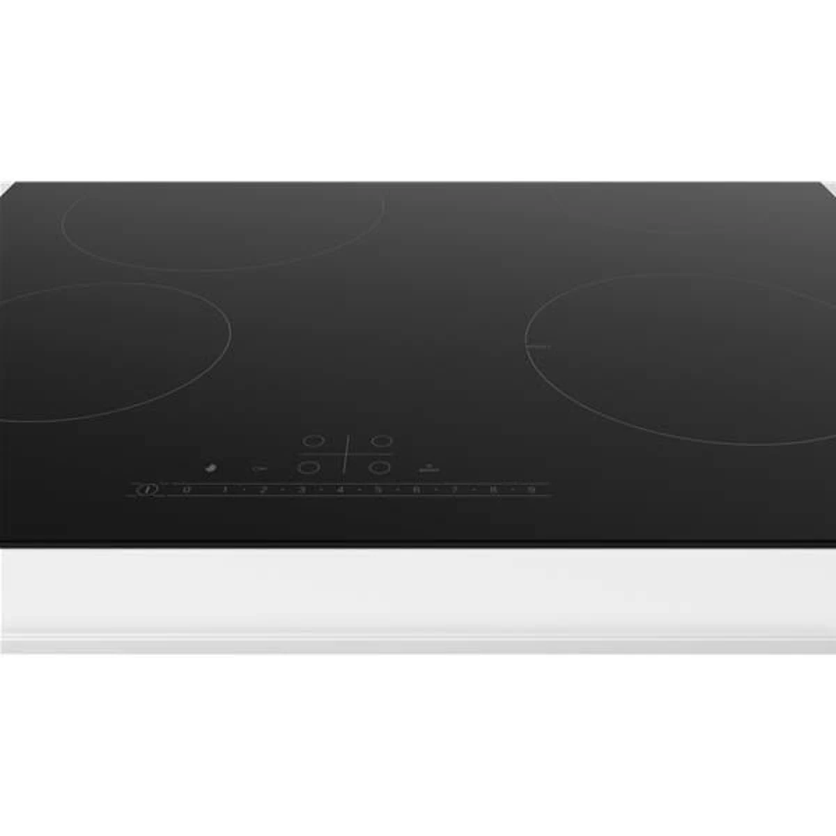 Una placa de inducción negra con cuatro quemadores circulares y controles táctiles.