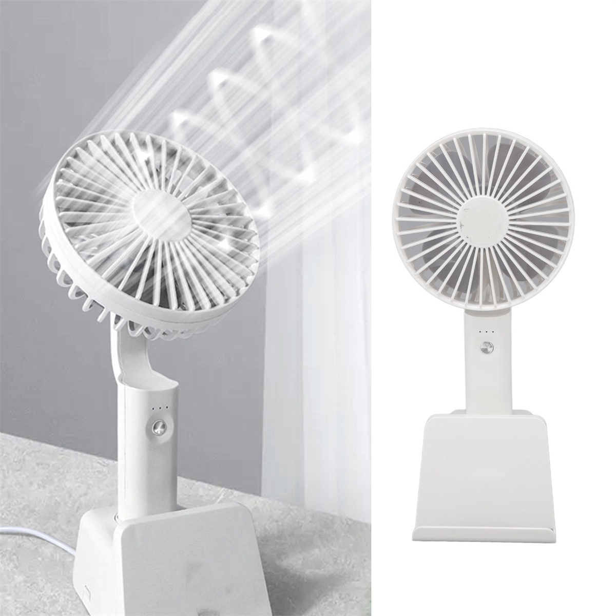 Weißer tragbarer Ventilator, stehend und geneigt, mit Luftstromlinien.
