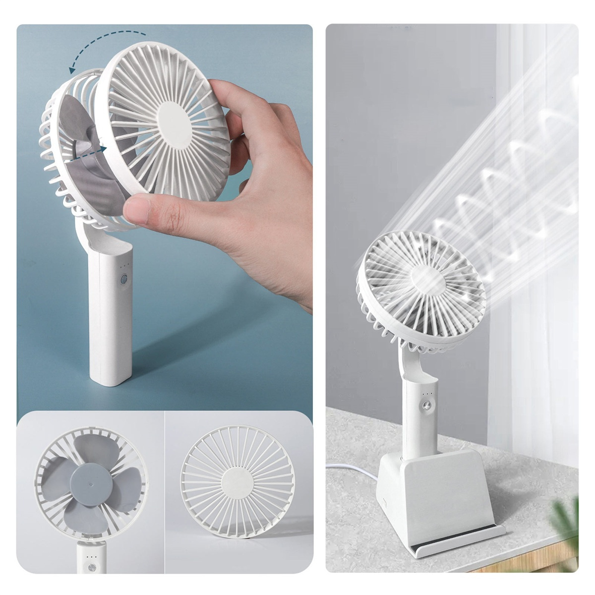 Ein weißer Faltventilator. Ein Bild zeigt den geöffneten, ein anderes den geschlossenen Ventilator.