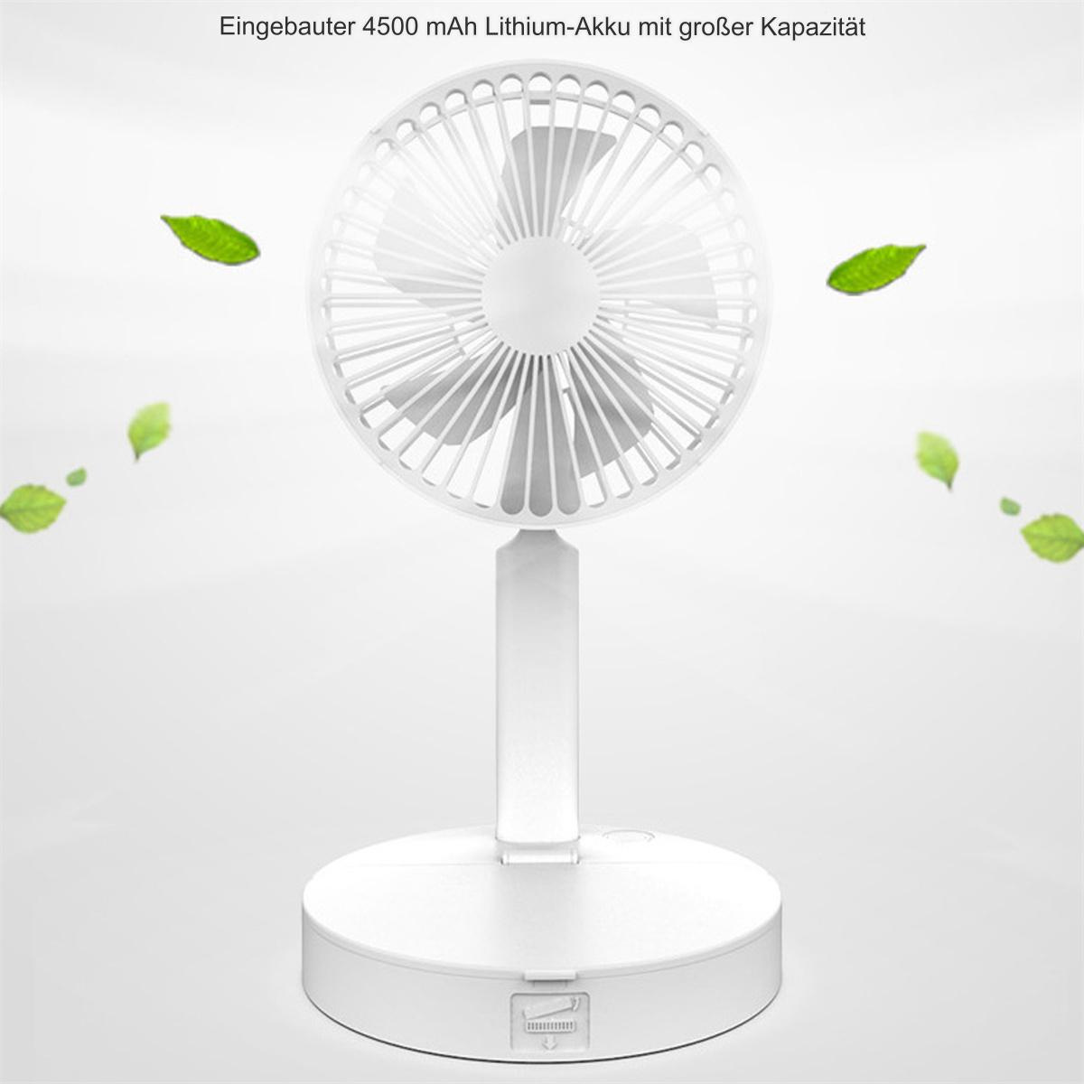 Ein weißer tragbarer Ventilator. Er hat ein kreisförmiges Gitter und einen Ständer.