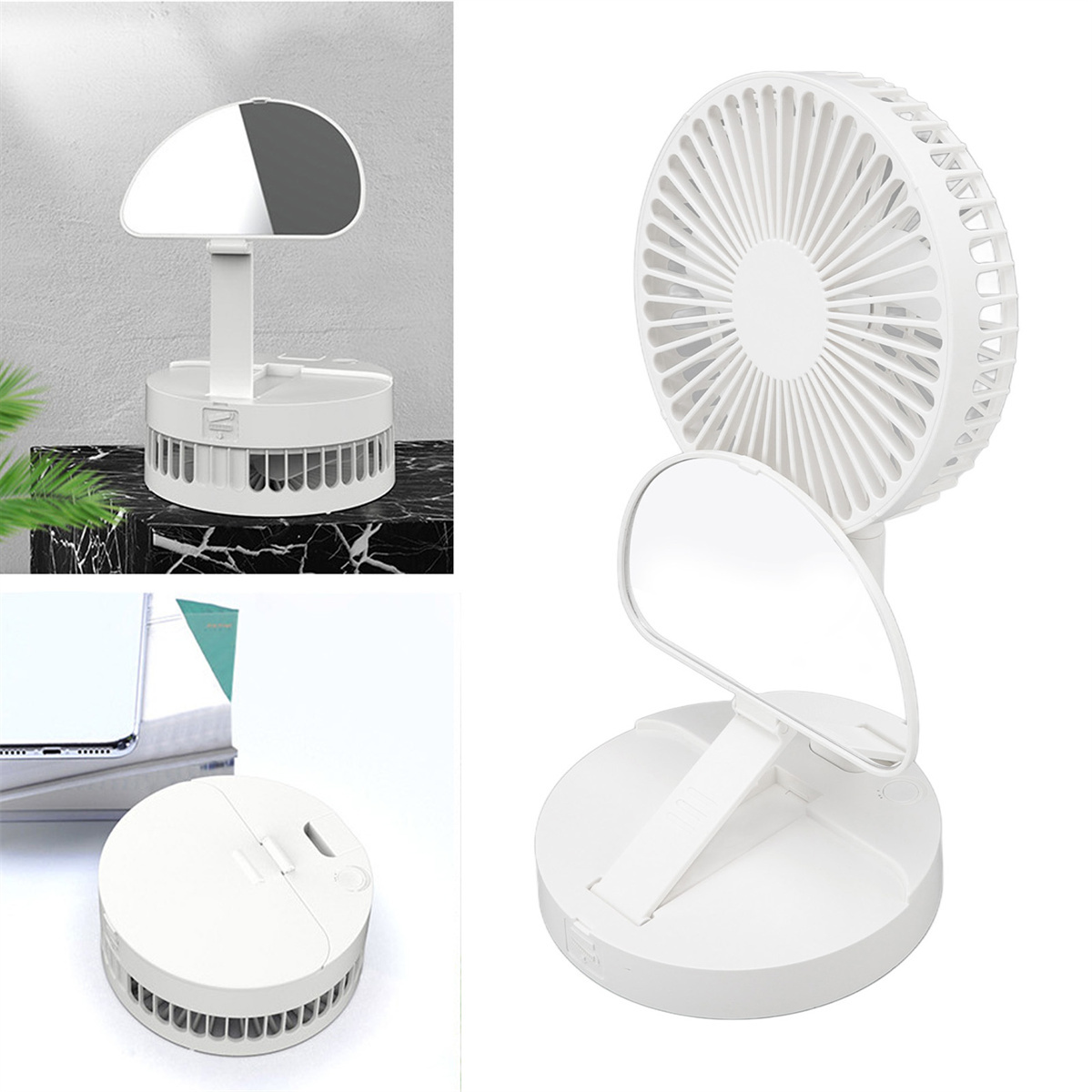 Weißer Ventilator und Spiegel mit Telefon auf Büchern und kleiner Lampe.