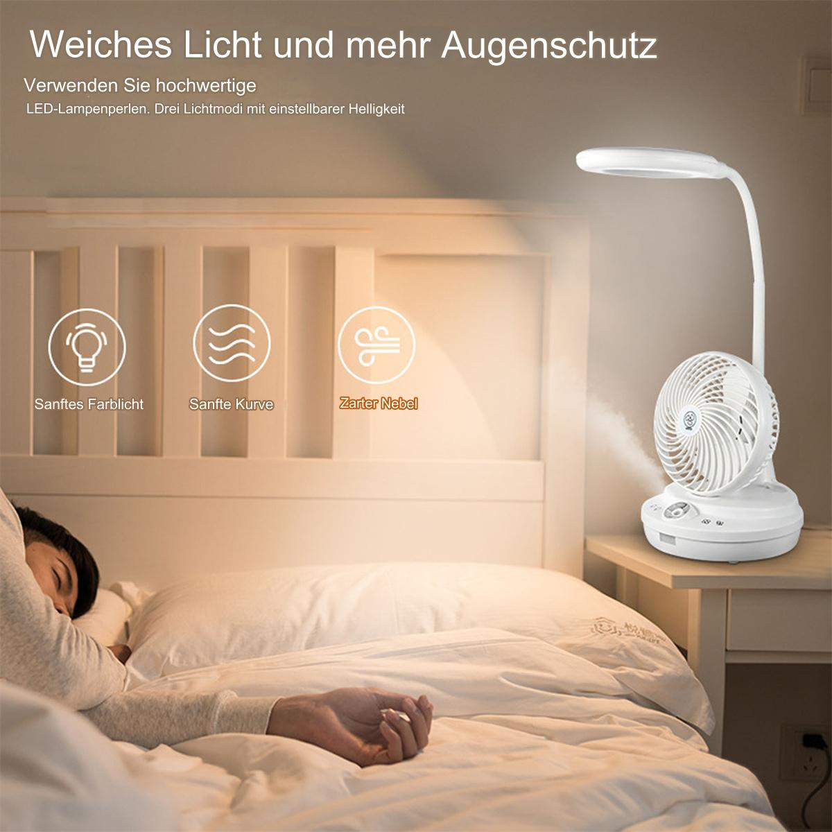 Weiße Schreibtischlampe mit eingebautem Ventilator, platziert auf einem Nachttisch neben einer schlafenden Person.