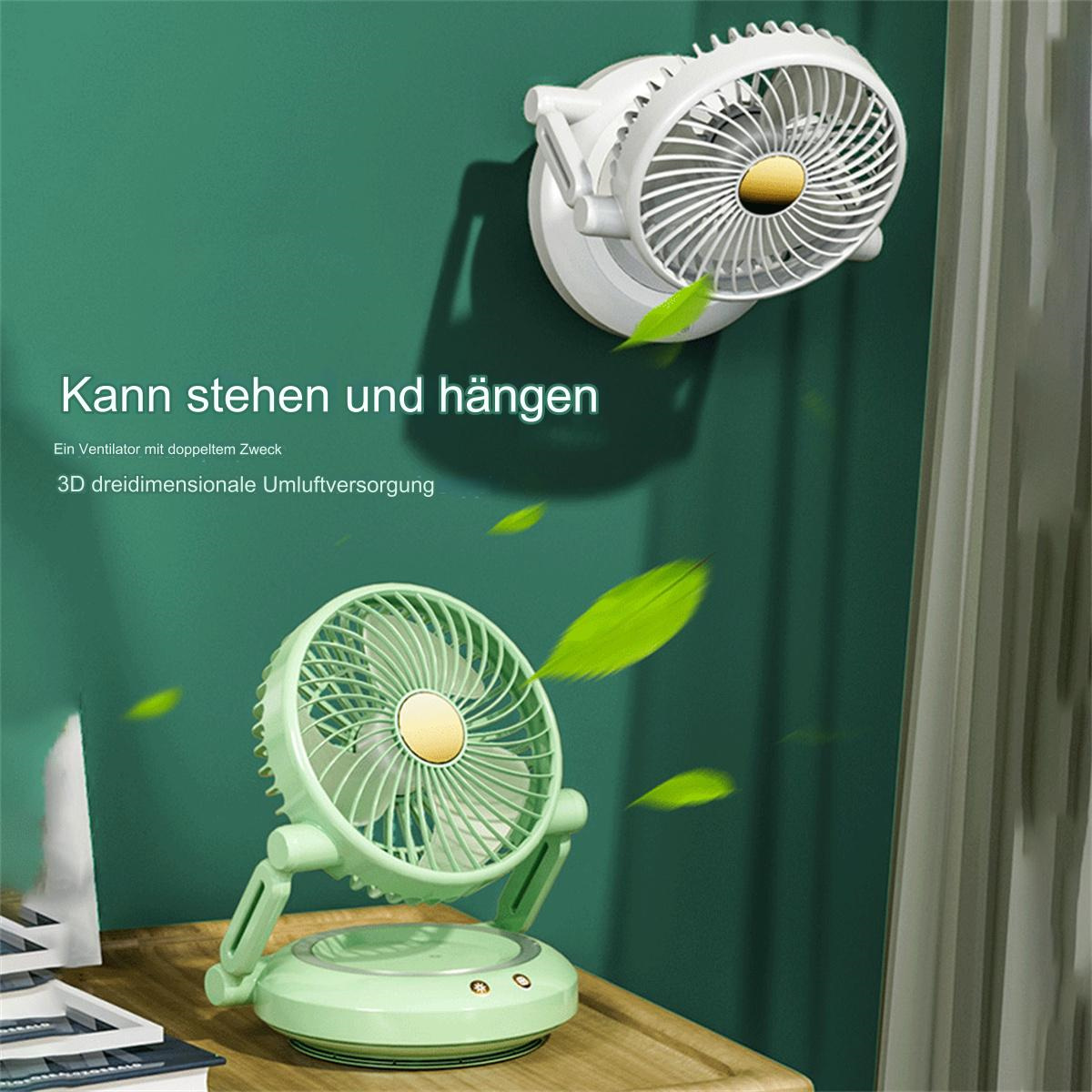 Zwei Ventilatoren, einer an der Wand und einer auf einem Ständer, mit grünen Blättern in Bewegung.