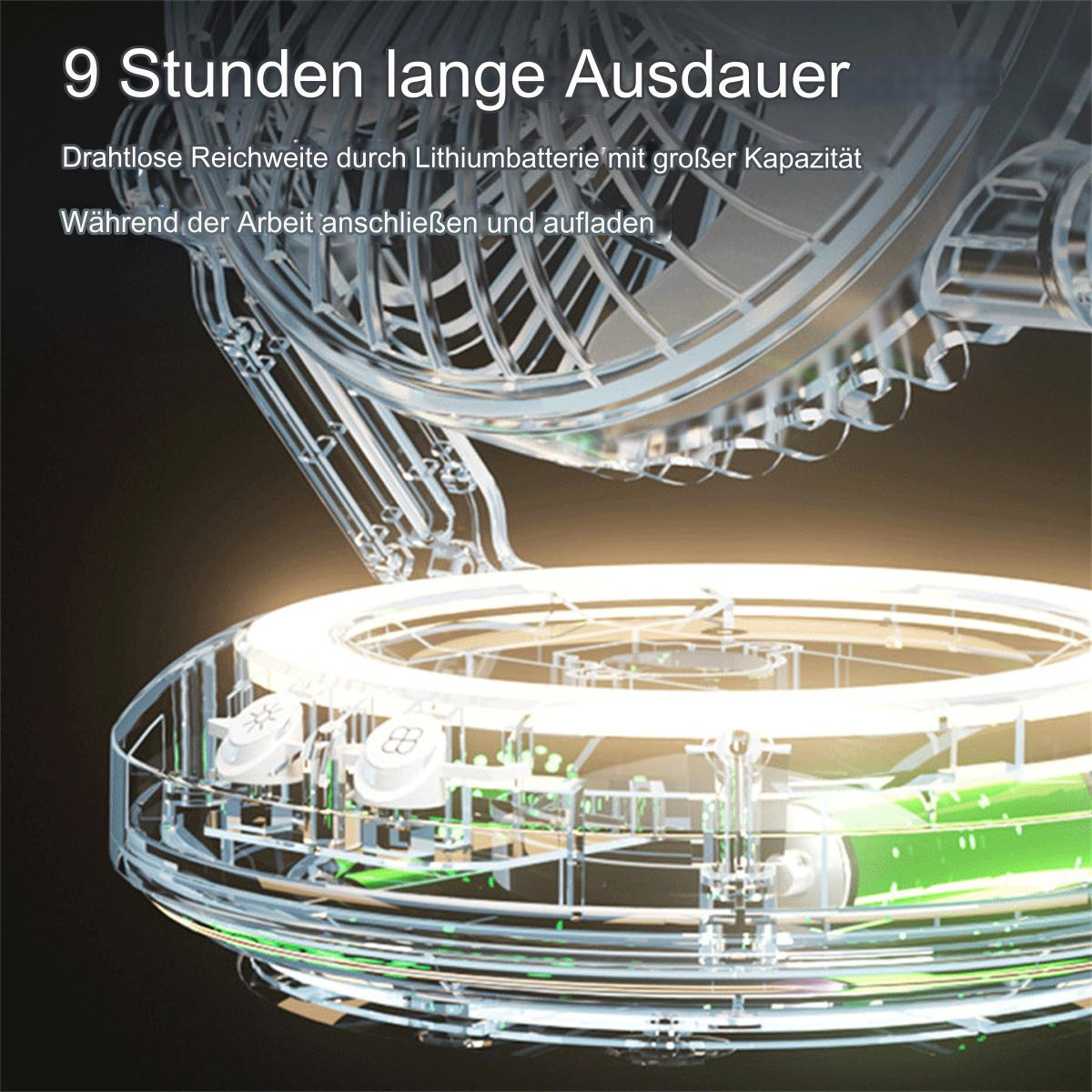 Ein transparenter Ventilator mit Lichtern, der das Innere mit einer Batterie zeigt und 9 Stunden Nutzung anzeigt.