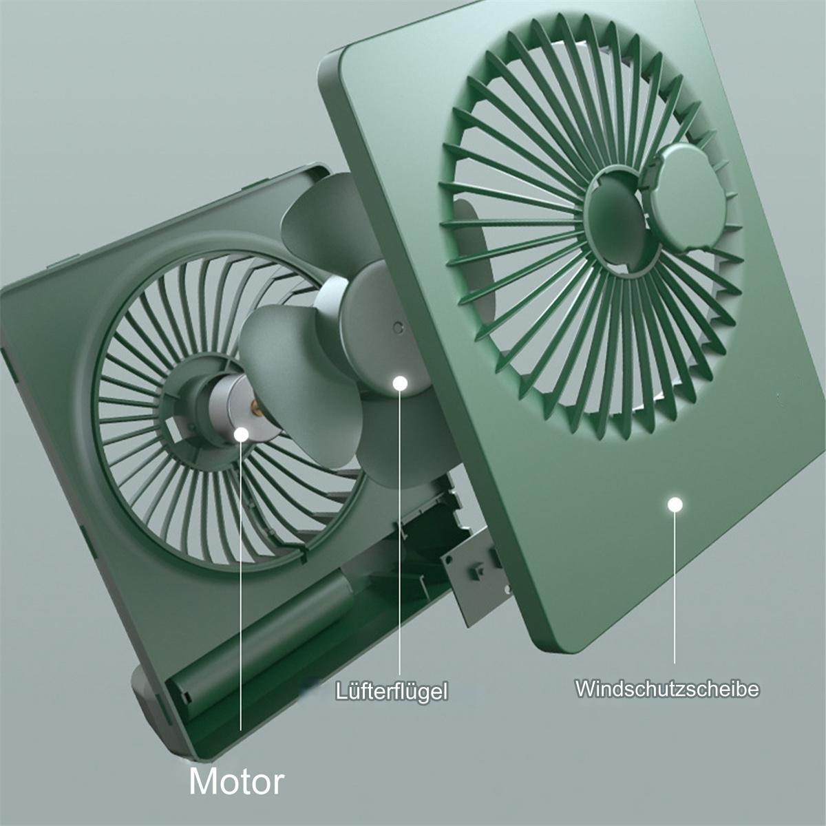 Zerlegter grüner Ventilator mit Flügeln, Motor und Schutz.