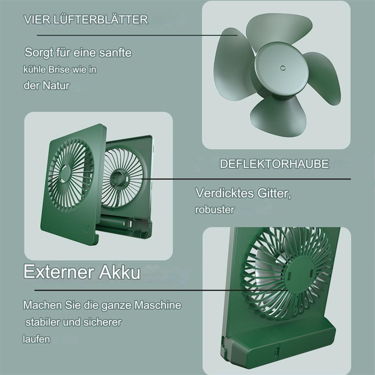 Grüner tragbarer Ventilator zerlegt, zeigt Lüfterblätter, einen Deflektor und eine externe Batterieoption.