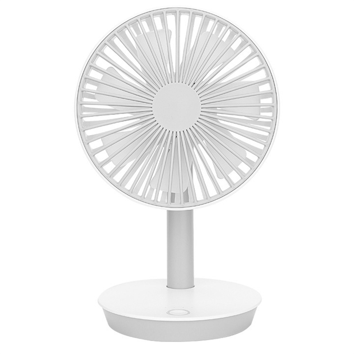 Weißer und grauer Schreibtischventilator auf weißer Oberfläche.