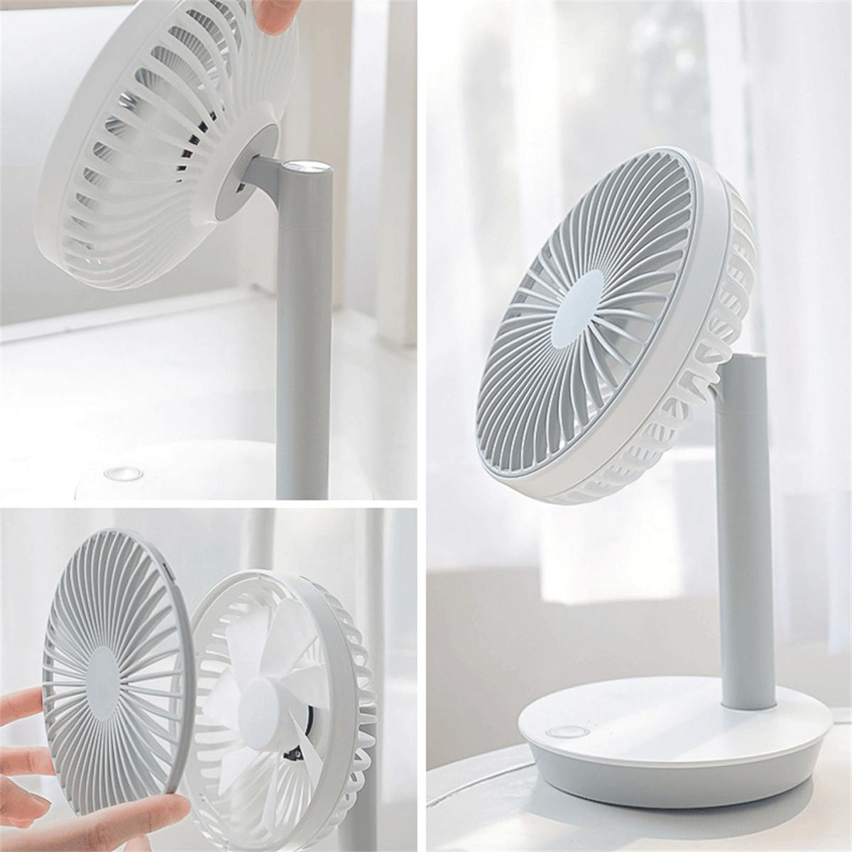 Weißer und grauer tragbarer Ventilator. Zwei Ventilatorköpfe, verstellbar, weiße Basis, mehrere Ansichten.