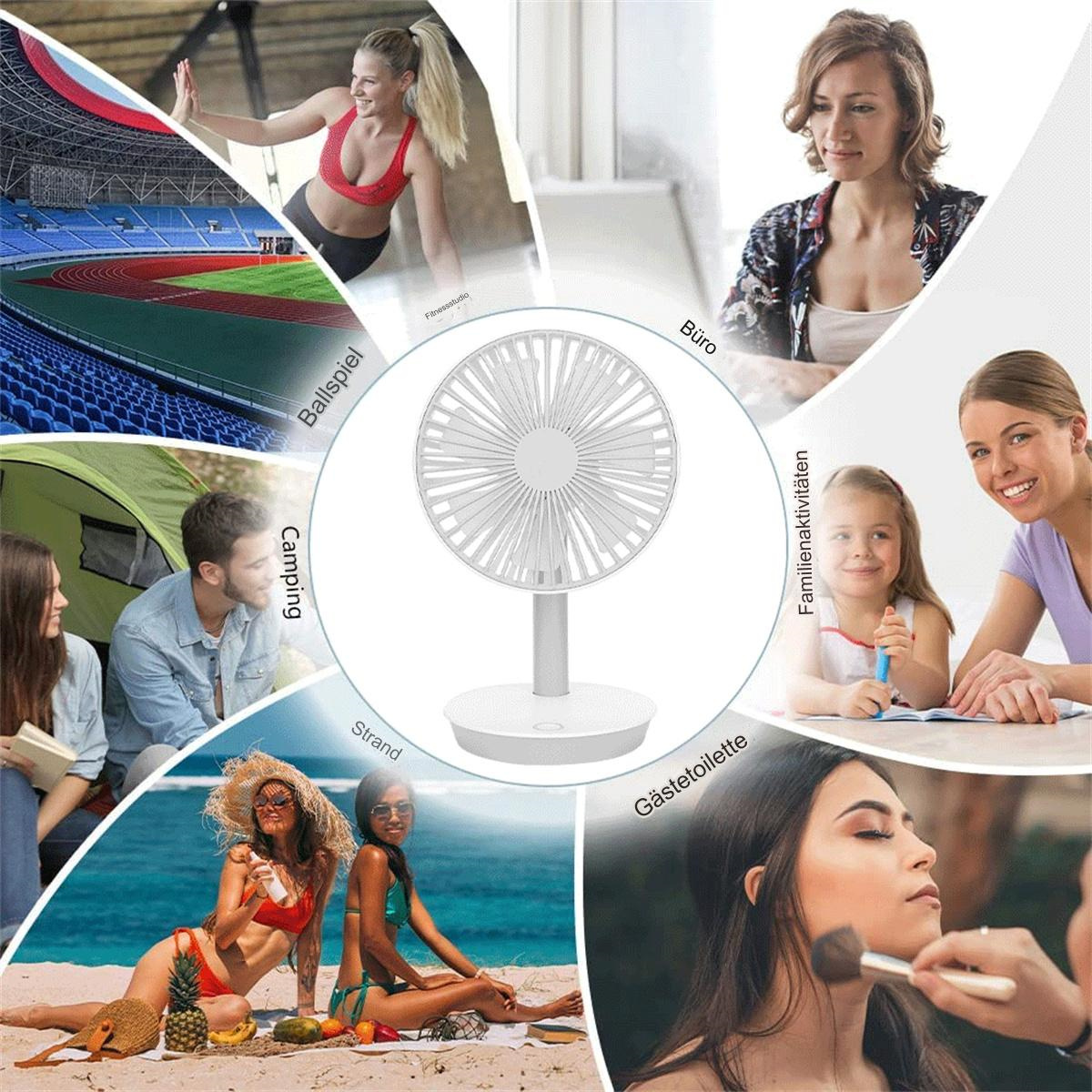 Ventilator in verschiedenen Umgebungen: Strand, Camping, Sport, Zuhause, Büro und Schönheit.