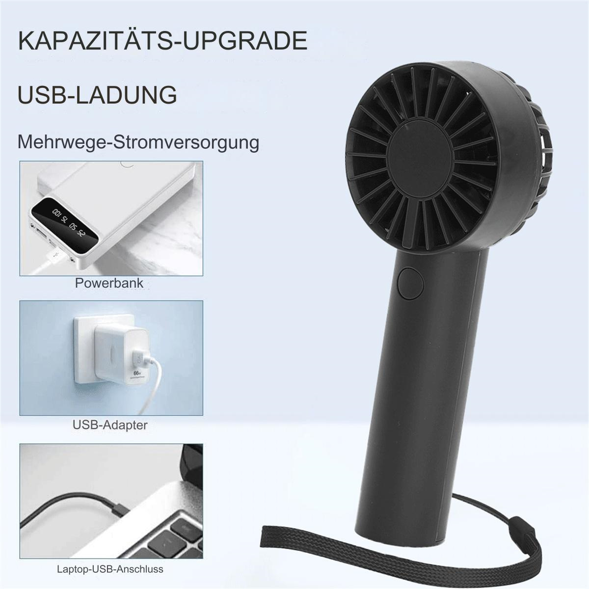 Schwarzer Handventilator mit USB-Ladekabel und einigen Ladeoptionen.