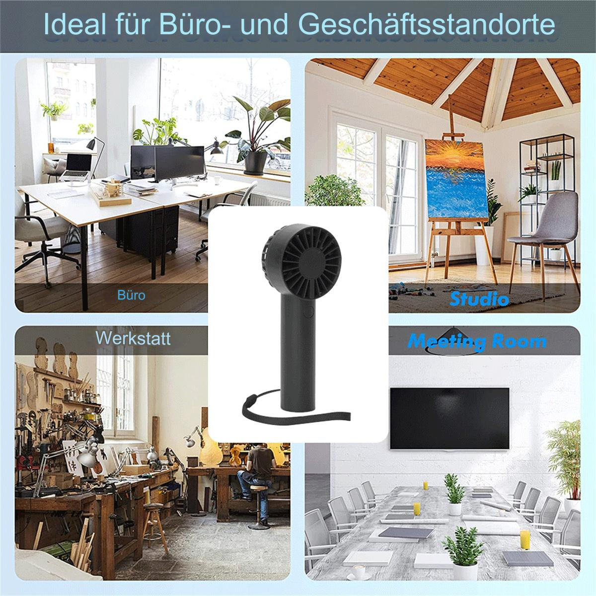 Ein schwarzer Handventilator in verschiedenen Büroumgebungen; das Bild zeigt einen Ventilator in verschiedenen Szenen.