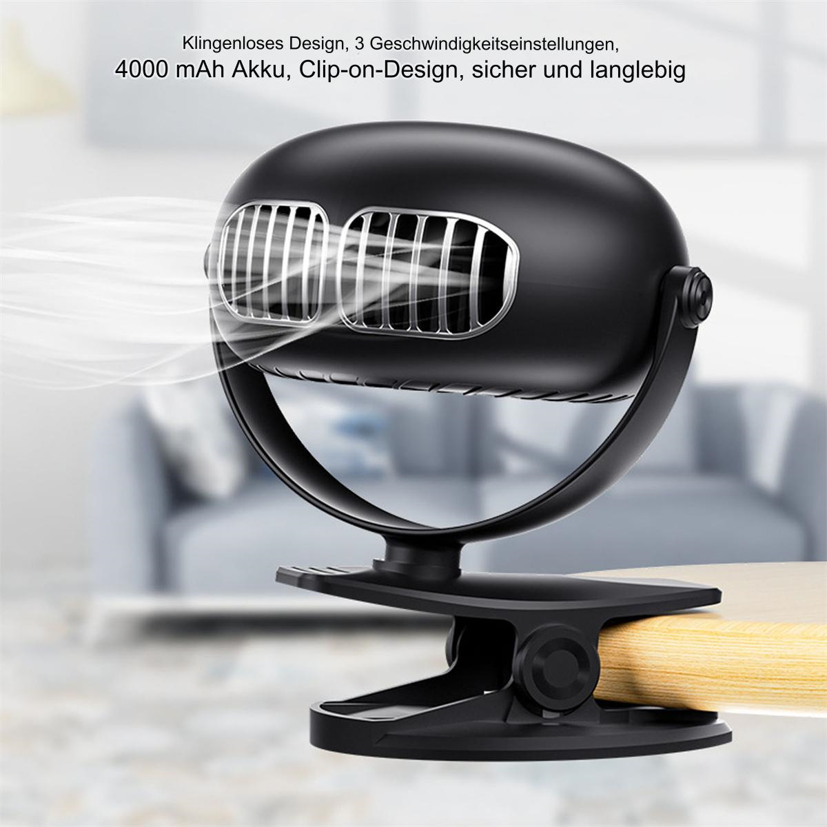 Ein schwarzer Mini-Ventilator, der auf einem Schreibtisch befestigt ist und Luft ausbläst. Text ist auf Deutsch.
