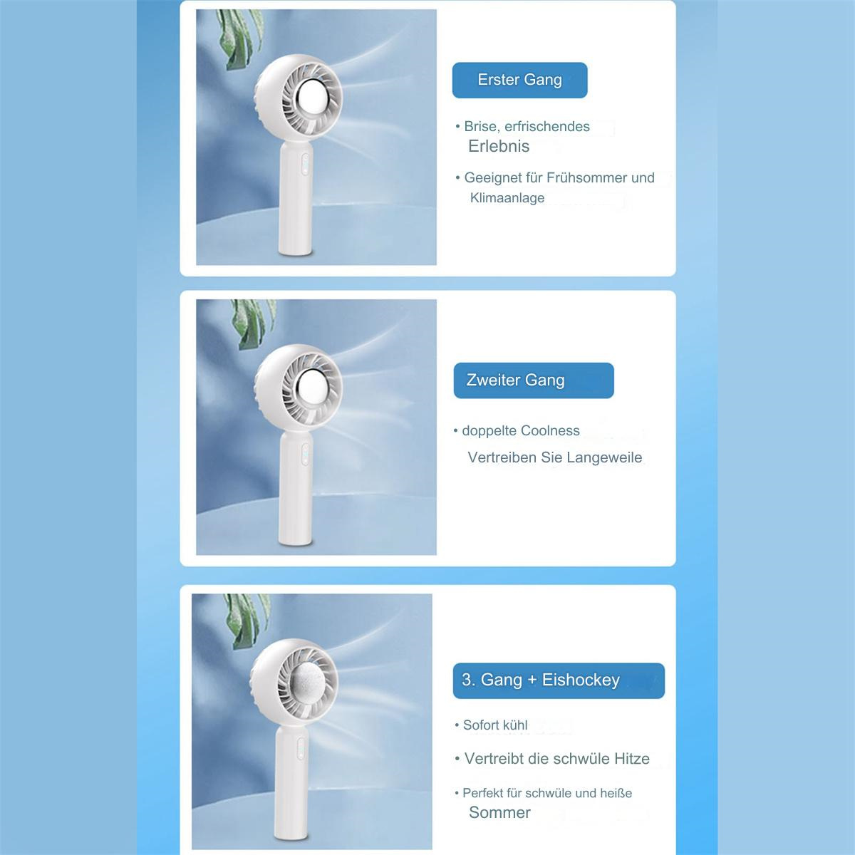 Tragbarer weißer Ventilator mit drei Geschwindigkeitseinstellungen: Brise, doppelte Kühle und Eishockey.