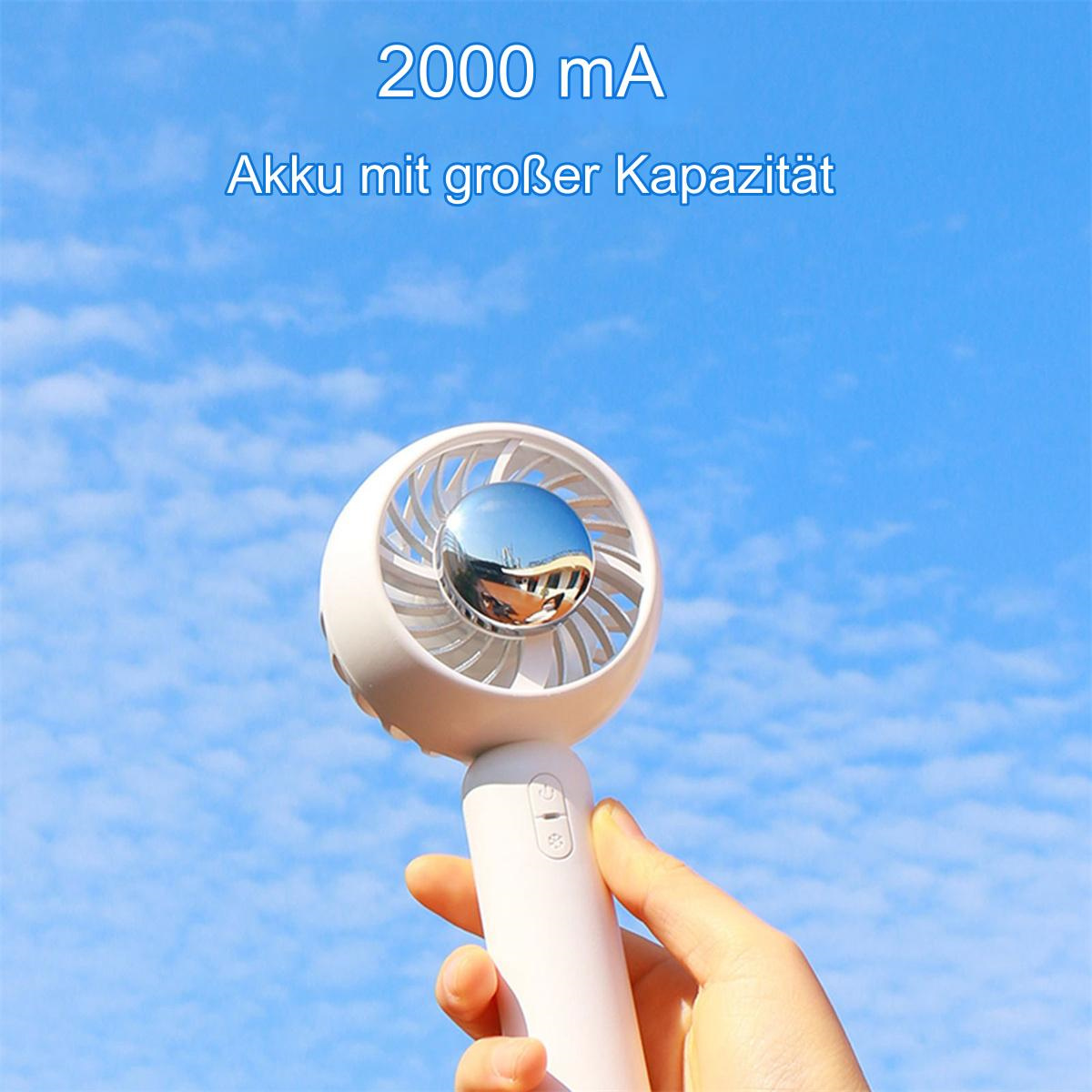 Tragbarer weiß-silberner Ventilator in der Hand. Blauer Himmel im Hintergrund mit Text: '2000 mA' und 'Akku'.