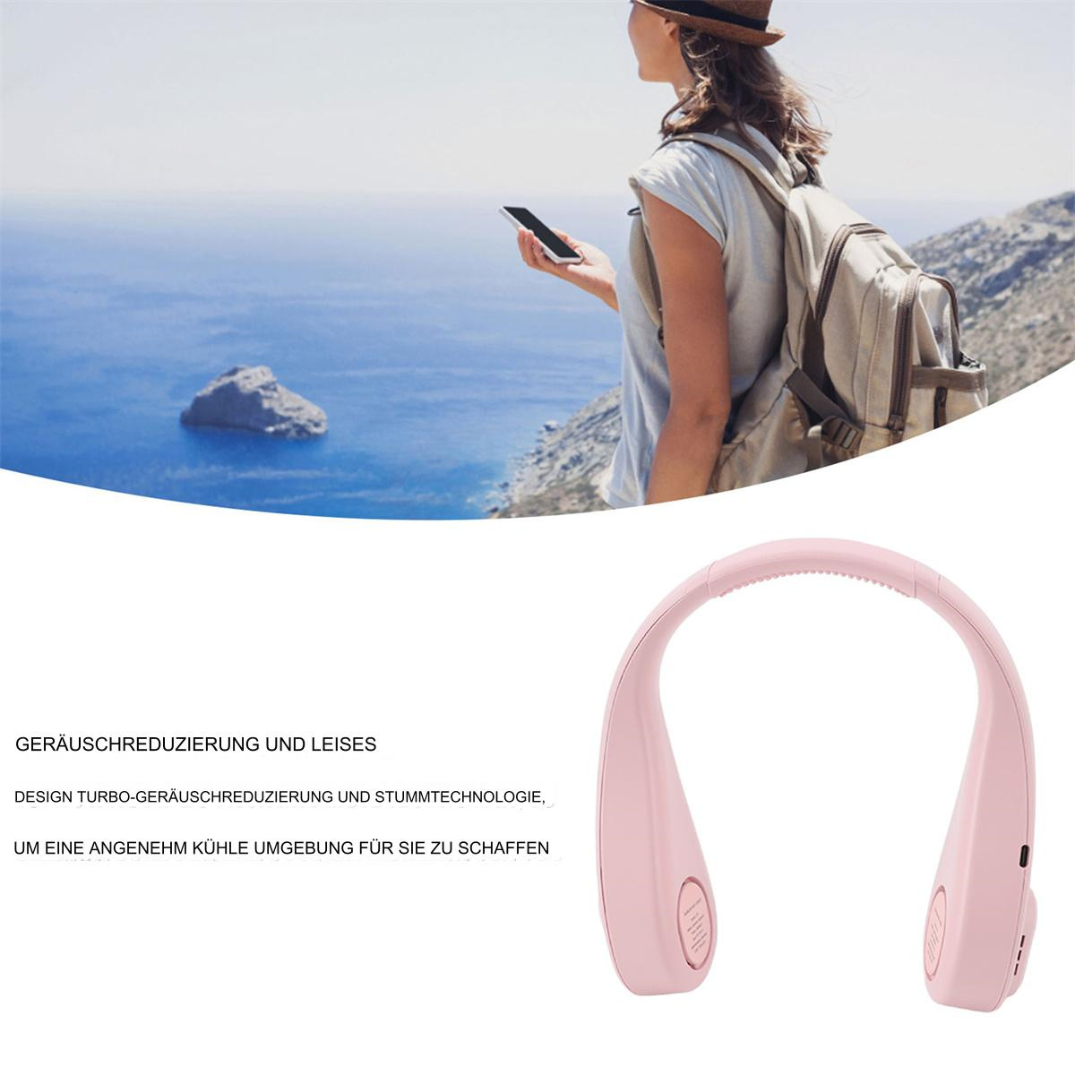 Rosa Nackenventilator mit Frau, die auf ein Telefon schaut. Blauer Ozean und Himmel im Hintergrund.