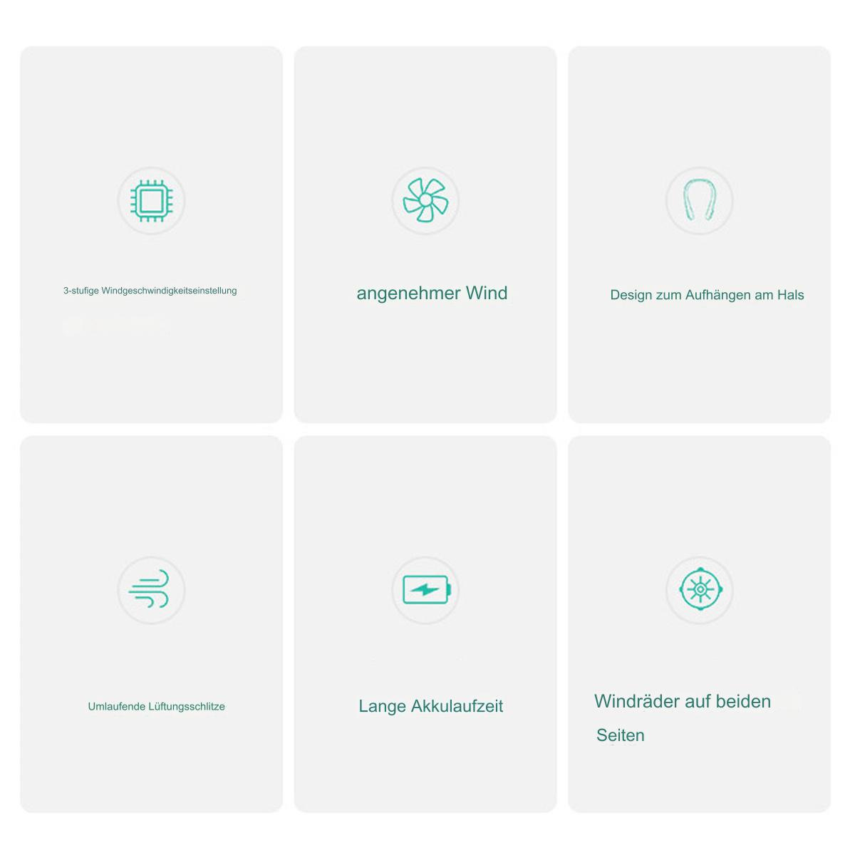 Sechs Icons: Chip, Lüfter, U-Form, Luftstrom, Batterie und Fächerform auf weißem Hintergrund.