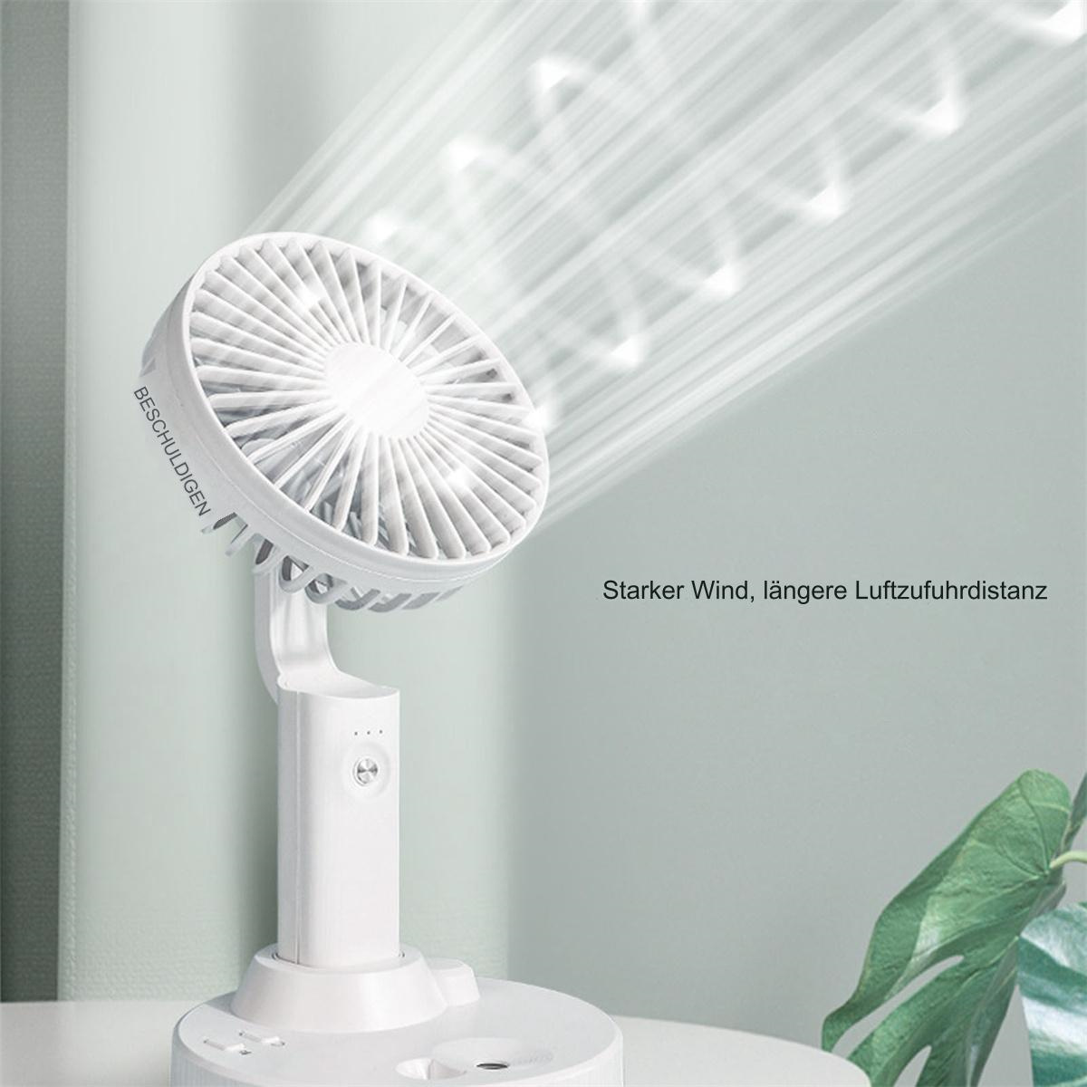 Weißer tragbarer Ventilator, nach oben abgewinkelt, mit Text und Blatt im Hintergrund.