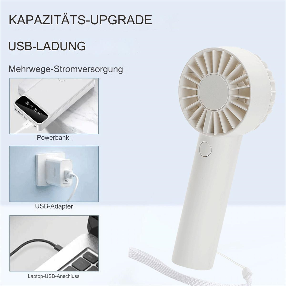 Weißer Handventilator und Bilder von Lademethoden: Powerbank, Wandadapter und Laptop-Anschluss.