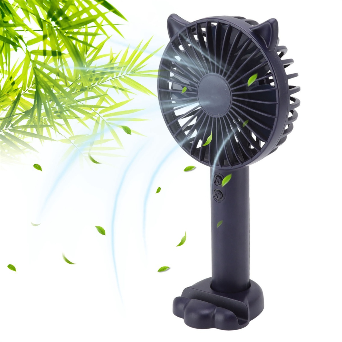 Ein dunkelblauer, katzenohriger tragbarer Ventilator. Grüne Blätter im Hintergrund.