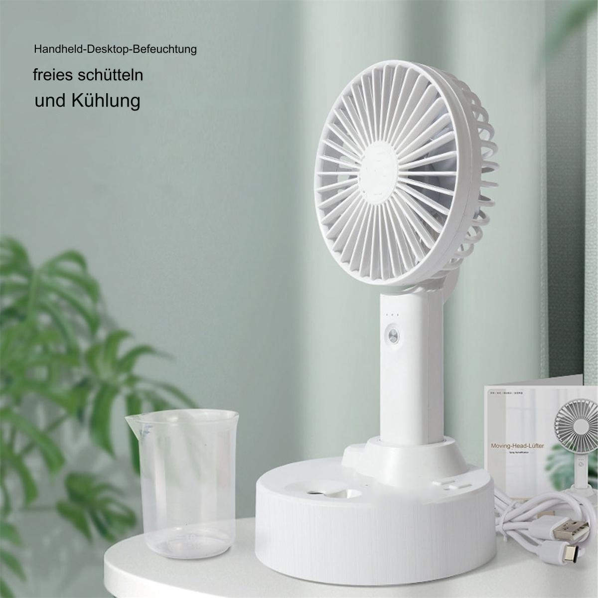 Weißer Ventilator auf weißer Oberfläche. Es gibt einen Messbecher und eine kleine Box.