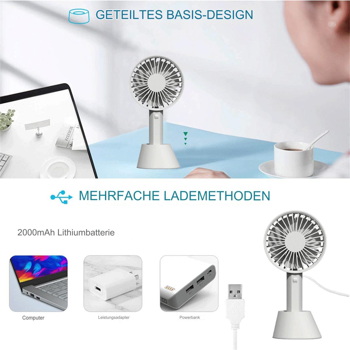 Ein weißer tragbarer Ventilator mit verschiedenen Lademethoden: USB, Adapter und Powerbank.