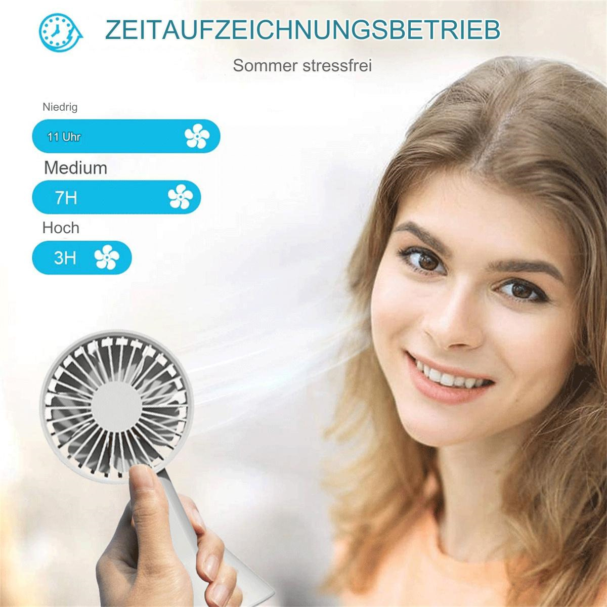 Lächelnde Frau mit Ventilator, zeigt verschiedene Zeiteinstellungen für die Lüftergeschwindigkeit.