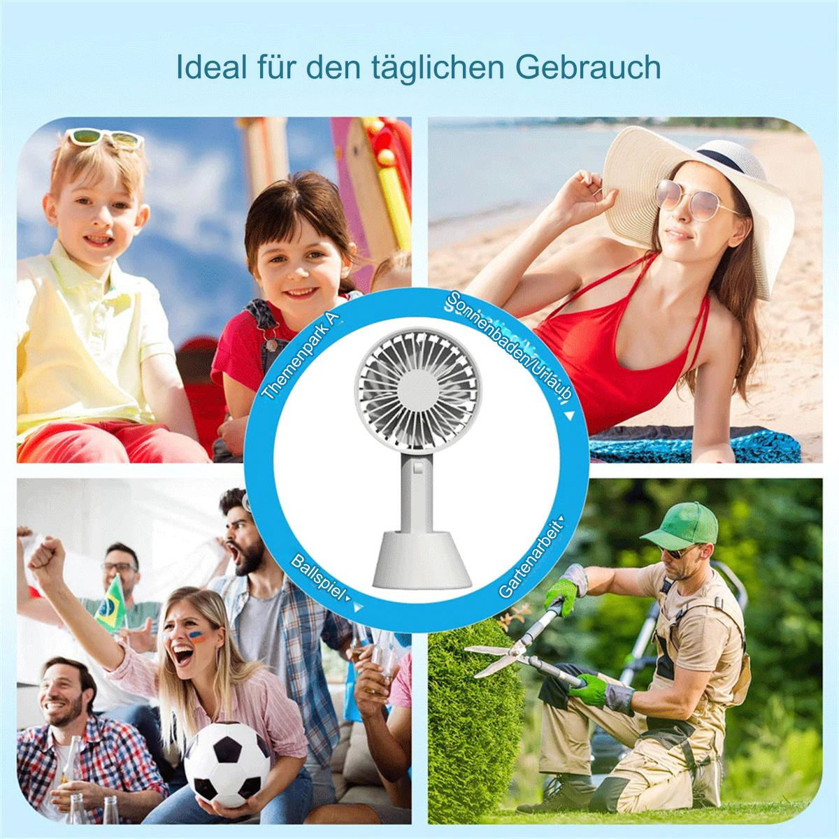 Vier Bilder, die die Verwendung eines kleinen weißen Ventilators zeigen: bei einem Picknick, Sonnenbaden, einem Fußballspiel und Gärtnern.