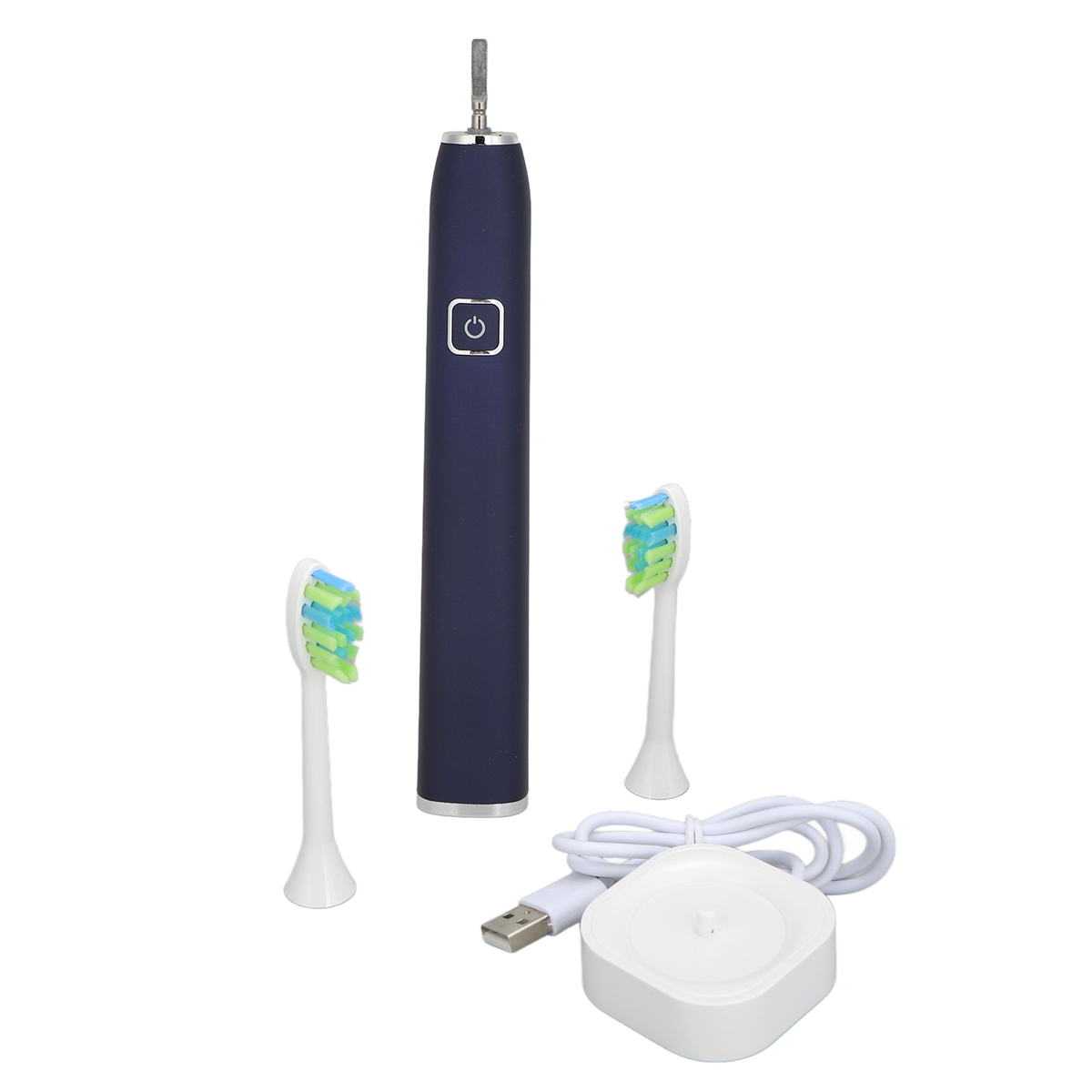 Marineblaue elektrische Zahnbürste, zwei Bürstenköpfe, Ladestation und USB-Kabel.