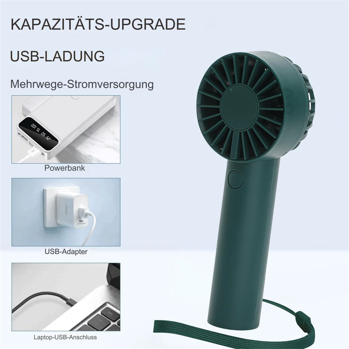 Ein grüner Handventilator mit drei Lademöglichkeiten: Powerbank, Wandadapter und Laptop-USB-Anschluss.