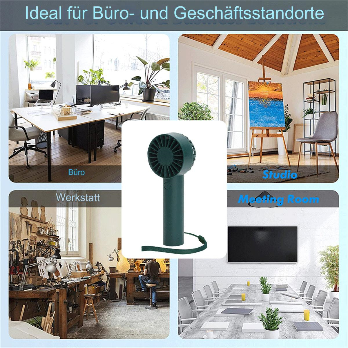 Ein grüner Ventilator in verschiedenen Büroumgebungen.