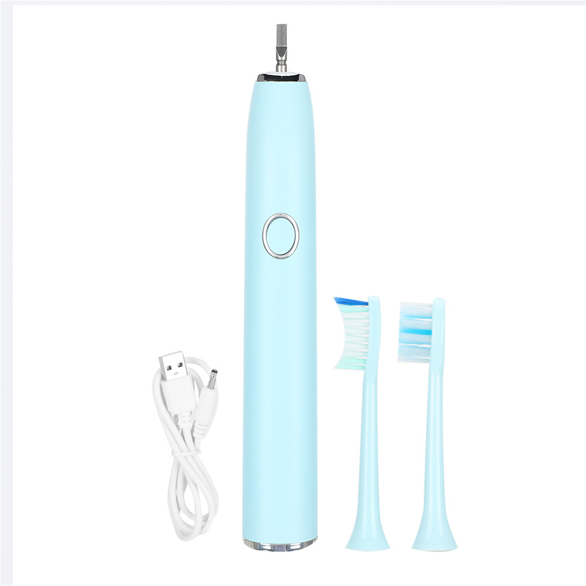 Blaue elektrische Zahnbürste mit zwei Bürstenköpfen und einem USB-Ladekabel.