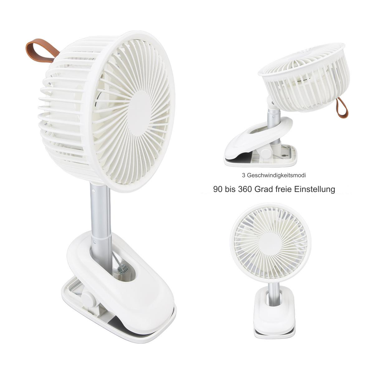 Weißer tragbarer Ventilator mit Clip. Verfügt über einen verstellbaren Kopf und einen braunen Griff.