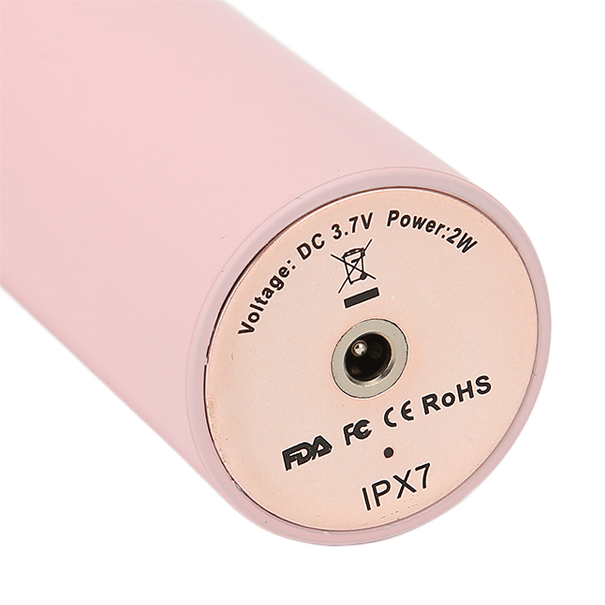 Rosa Basis mit Text, einem kleinen kreisförmigen Auslass und dem IPX7-Symbol.