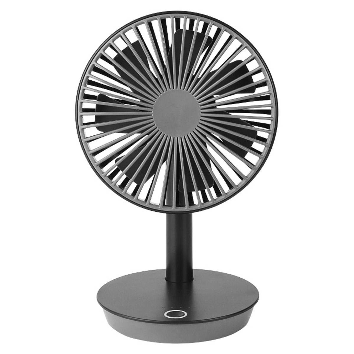 Ein kleiner, grau-schwarzer Schreibtischventilator. Er hat einen runden Fuß.