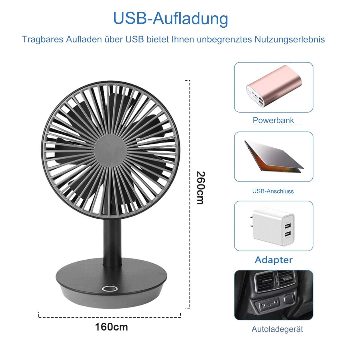 Ein schwarzer Ventilator mit Ständer und Abmessungen sowie Bilder einer Powerbank, eines USB-Adapters und eines Auto-Adapters.