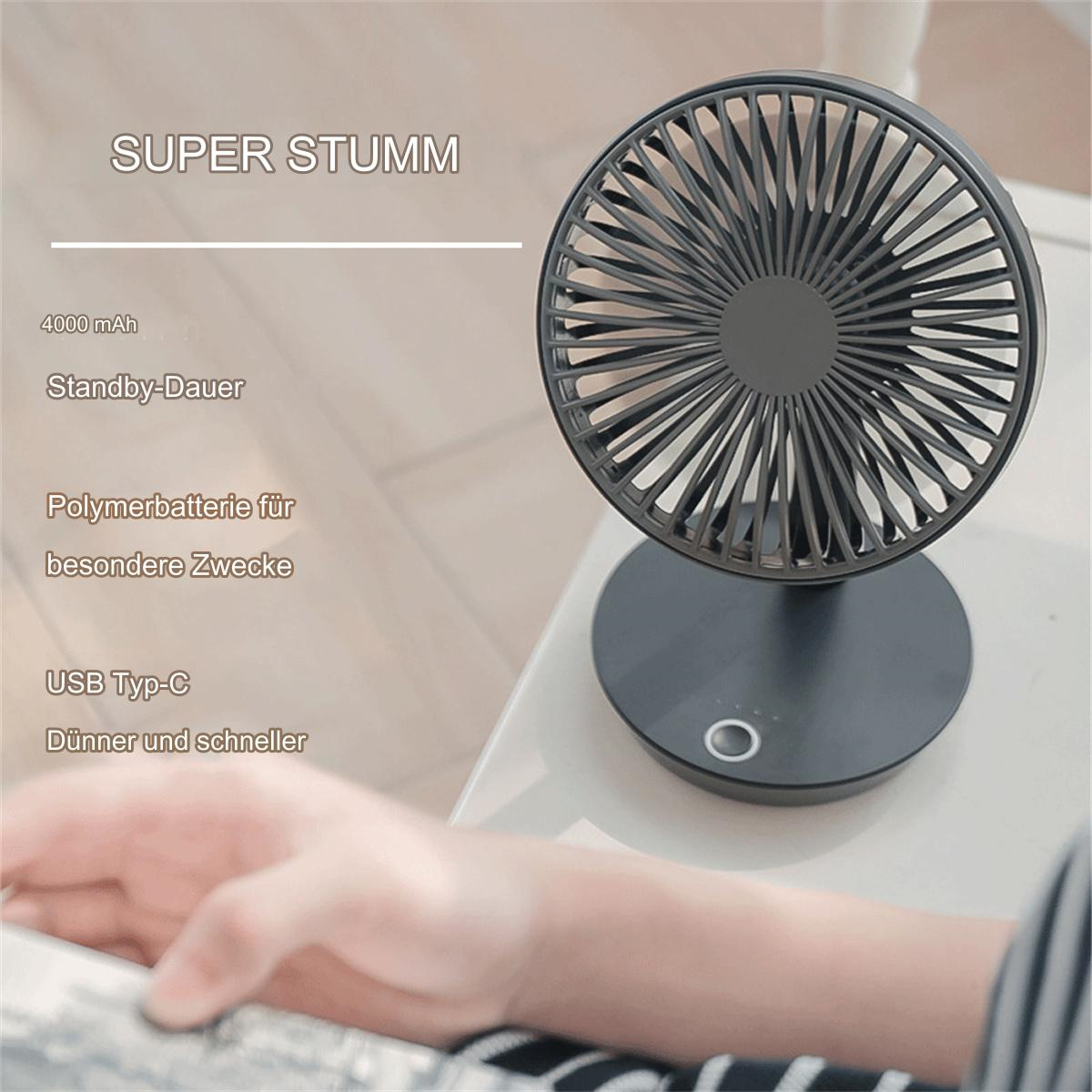 Schwarzer Schreibtischventilator auf weißer Oberfläche. Textüberlagerung.