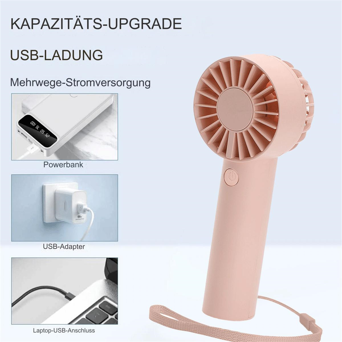 Rosa Handventilator mit Text über USB-Ladeoptionen. Enthält Powerbank, Adapter und Laptop.