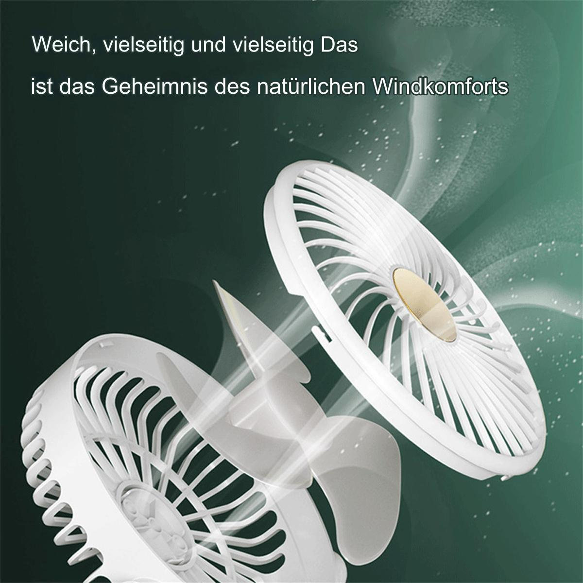 Weißer tragbarer Ventilator mit rotierenden Flügeln. Grüner Hintergrund.