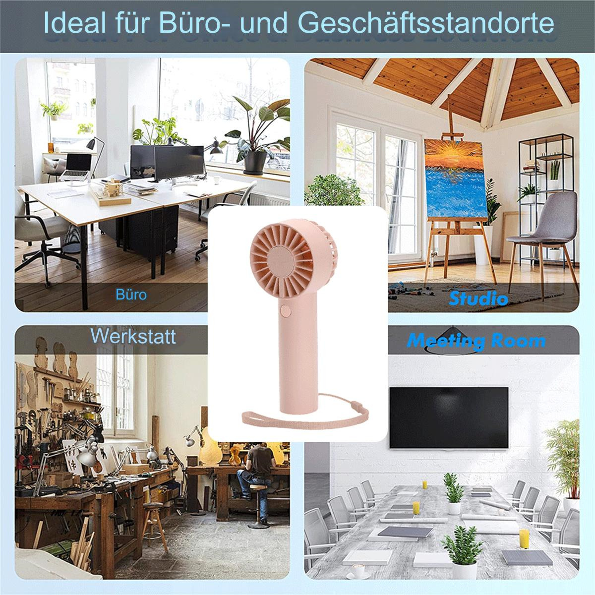 Collage mit verschiedenen Arbeitsbereichen: Büro, Studio, Werkstatt und Besprechungsraum, ein rosa Ventilator.
