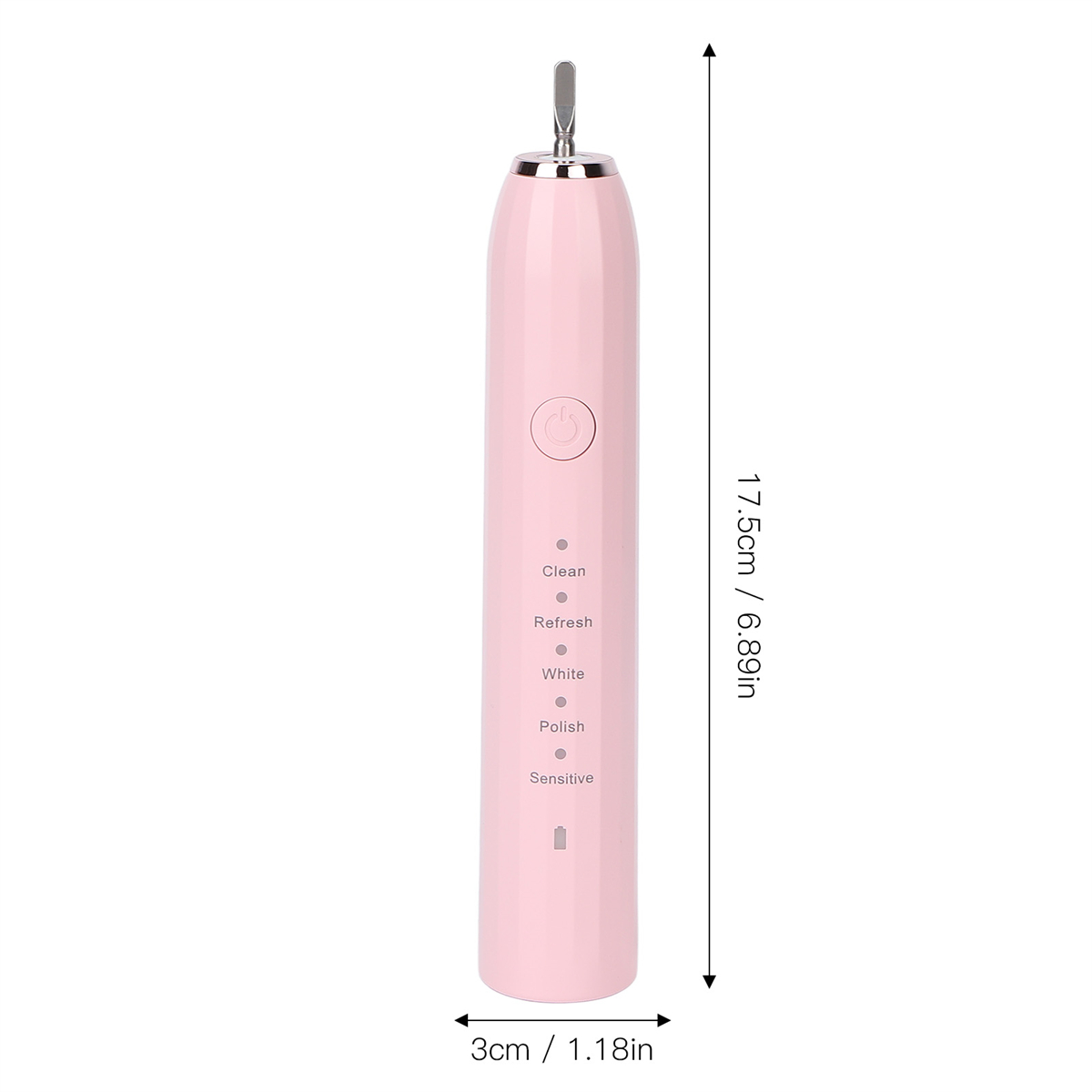 Rosa elektrische Zahnbürste mit Maßangaben. Sie hat Knöpfe und eine Ladeanzeige.