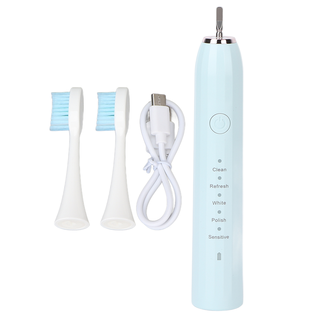 Hellblaue elektrische Zahnbürste mit zwei Bürstenköpfen und USB-Kabel.